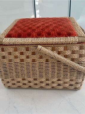 Vintage Woven Sewing Basket with Coral Accent Velvet Top
